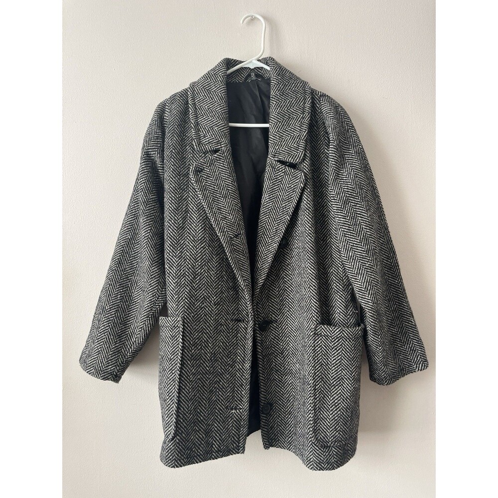 Vintage Herringbone Wool Blend Coat Gray M Oversized Dark Academia